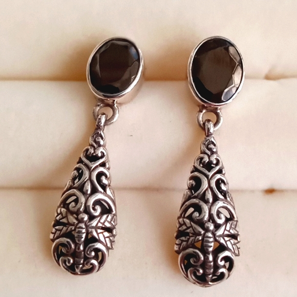Bali Legacy Jewelry - BALI LEGACY SILVER SHUNGITE EARRINGS WITH DRAGONFLY
